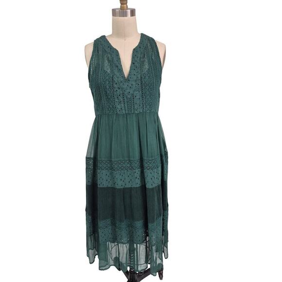NWT Sundance Hunter Green cotton eyelet dress Midi Length Sz SP Festival - Picture 1 of 9